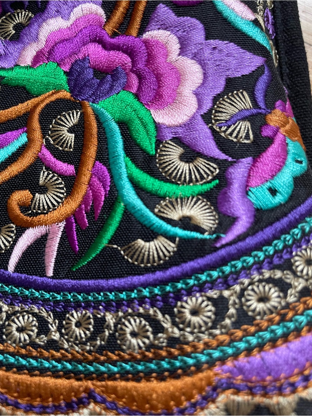 Embroidered Floral Black Backpack with Purple & Teal Accents - Picture 4 of 7